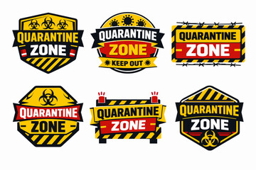 Obraz premium Quarantine zone badges and warning signs set, indicating biohazard, restricted area, keep out, coronavirus pandemic health safety