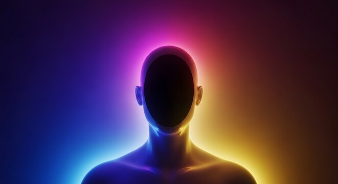 Glowing human silhouette with mixed purple and orange neon aura. Creative brainstorming and innovation concept. Faceless digital figure representing the future of human intelligence