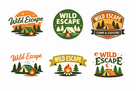 Wild escape camping logo designs offering retro adventure badges with tents, campfires, and forest trees