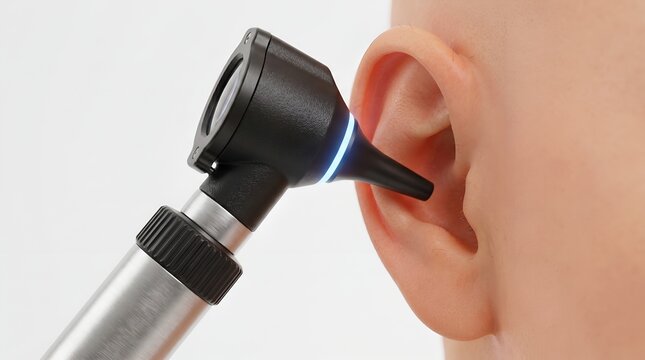 Doctor performing ear examination with otoscope on patient in clinical setting