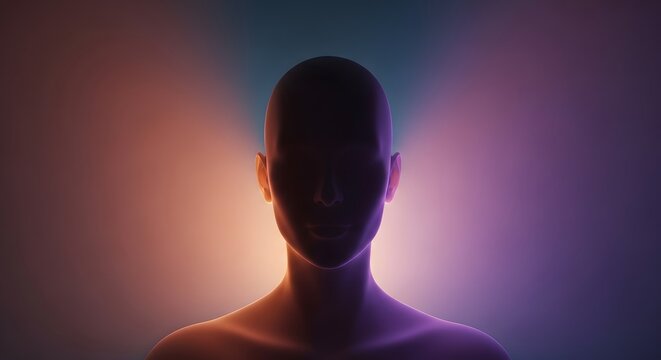 Dark human silhouette against a soft orange and purple light gradient. Mental wellness and inner peace concept. Anonymous person portrait with subtle colorful backlighting rays.