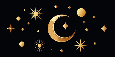 Naklejka premium Golden celestial moon and stars astrology symbols, vector