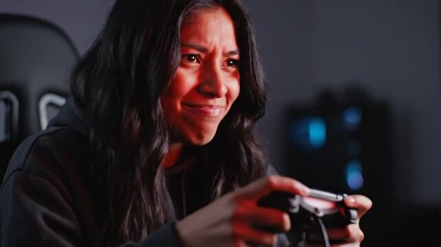 Focused woman playing video game with facial expressions reflecting intense concentration and eventual satisfaction in dark room lit with colorful lights.