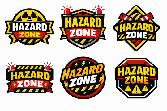 Hazard zone security badges and warning signs set, indicating dangers like radiation, electricity, and general caution