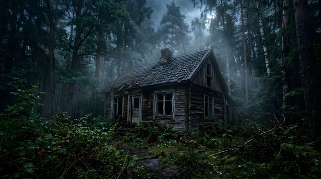 Abandoned House in Dark Forest with Fog and Mysterious Horror Atmosphere