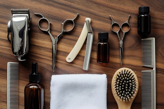 Professional Barber Shop Tools Flat Lay with Clippers Scissors Straight Razor and Grooming Oils on Wood