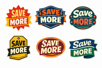 Obraz premium Save more retro style labels promoting special offers, discounts, and big sales on white background
