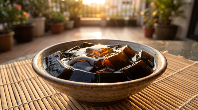 A lifestyle food photograph of a bowl of Guilinggao set on a bamboo mat during the golden hour. The low sun catches the honey drizzled over the black jelly, making it glow with a rich amber tint. 