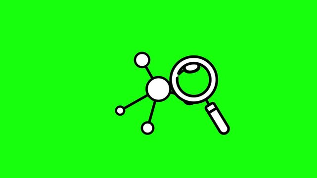 Magnifying glass icon and network of connected dots, animation of network analysis and connection symbol, data, Internet. HD video with chroma key, green screen for transparent background.