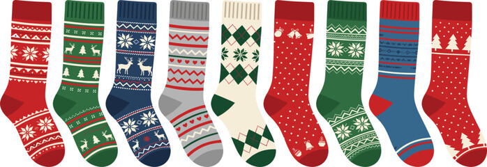 Christmas Winter Sock Collection with Festive Nordic Patterns, Snowflakes, Reindeer, and Holiday Knitted Designs for Seasonal Fashion and Decoration Projects © AB