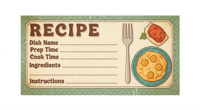 Vintage recipe card template with blank lines for dish name, prep time, cook time, ingredients, and instructions, featuring a fork, egg