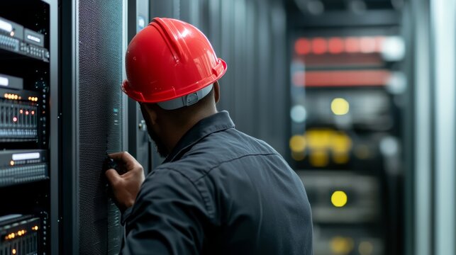 Data center maintenance action server room location technical inspection content type industrial environment close-up viewpoint operational efficiency concept