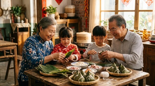 Grandparents Teaching Grandchildren to Make Zongzi at Home