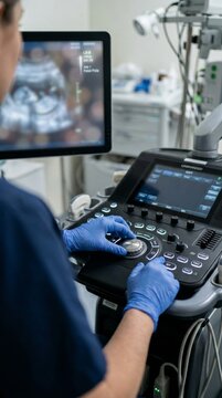 Medical professional operating ultrasound machine displaying fetal sonogram