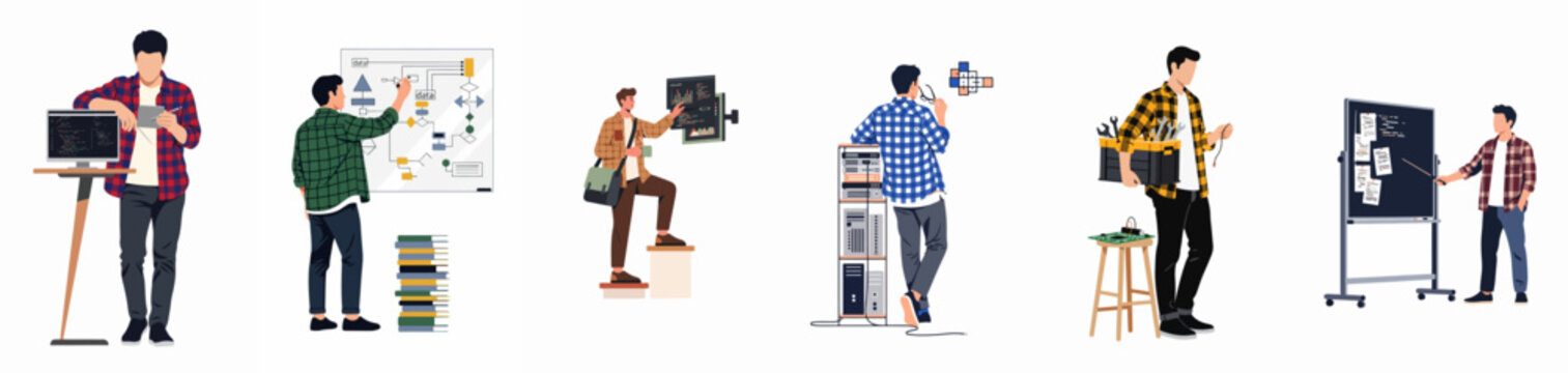 Set of flat vector illustrations featuring male IT professionals, programmers, and technicians engaged in coding, networking, and system maintenance.