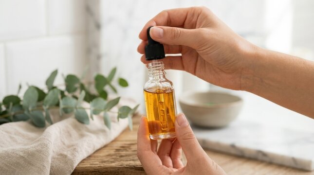 Hand holding dropper bottle with anti aging face serum, skincare product, beauty treatment, clean cosmetics, wellness routine, glowing skin care, minimal label free packaging, clean commercial