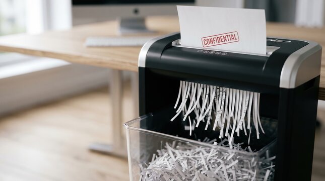 Office paper shredder destroying confidential document on desk in modern workspace. Secure document disposal for privacy protection, data security and confidential records management.
