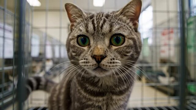 Cute cat meowing inside a cage at an animal shelter looking hopefully towards the viewer