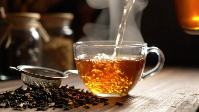 Brewing a cup of tea, with clear glass cup and tea leaves on rustic wooden surface