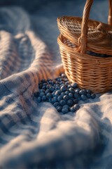 Obraz premium Wicker basket with fresh blueberry on checkered blanket. Rural scene with gathered harvest in meadow. Farm produce for healthy snack and summer picnic mood. Natural organic berry food.