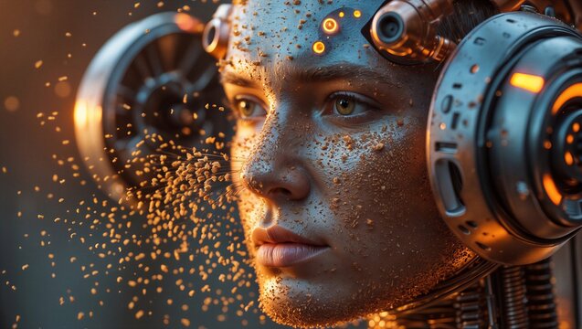 Futuristic Cybernetic Female Portrait with Glowing Mechanical Implants and Floating Data Particles