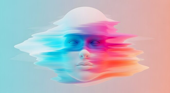 Glitched human face with vibrant color streaks. Digital identity and data distortion. Abstract face dissolving into colorful light representing technology and chaos.