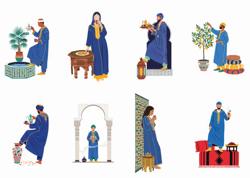 Set of traditional Moroccan illustrations featuring people in blue djellabas enjoying mint tea, hospitality, and cultural heritage in a flat art style.