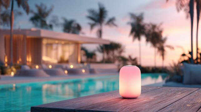 Smart home speaker glowing on wooden table at poolside. Wireless portable lamp decoration in luxury villa terrace. Modern lifestyle technology for evening outdoor recreation and relaxation.