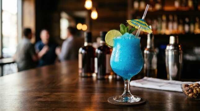 A vibrant blue slush cocktail with lime and umbrella, served in a glass on a bar counter, professional stock photo concept, high demand visual for advertising, unbranded setting, useful copy space,