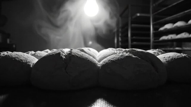 Black and white close up of steaming fresh baked bread on a tray in a bakery