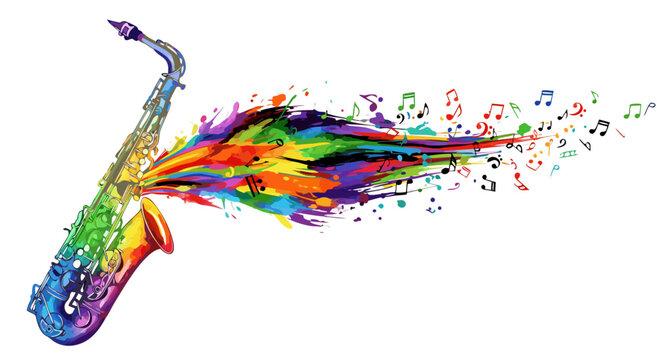 A vibrant vector illustration of a saxophone exploding with colorful musical notes in a lively scene.