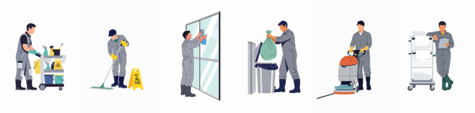 Set of professional cleaners in uniform performing various commercial cleaning tasks including mopping, window washing, and floor scrubbing.