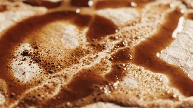 Close up of coffee spills forming abstract shapes on textured paper, coffee stains