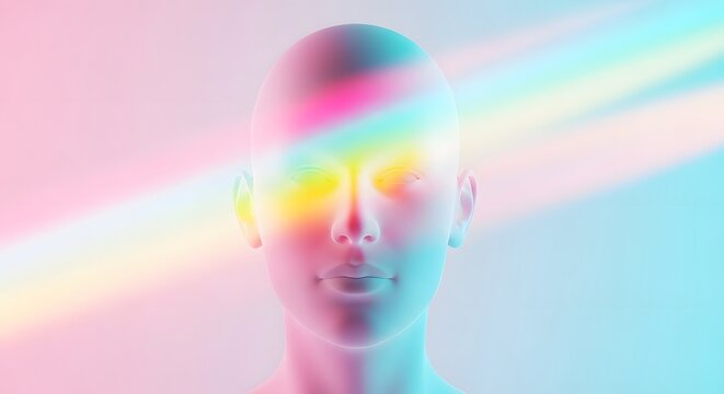 Abstract human head with soft pastel rainbow light. Holistic therapy and well-being concept. Symmetrical face silhouette with glowing spectral beams and aura light