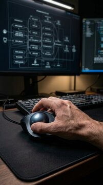 Hand using trackball mouse on desk with computer monitors displaying diagrams