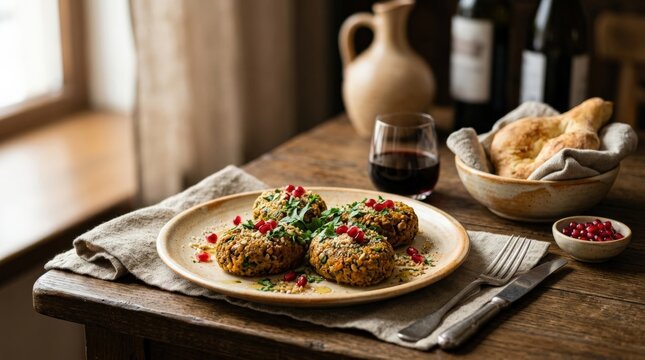 Pumpkin phali, Georgian dish, homemade restaurant food concept with appetizing plating, authentic culinary texture, fresh ingredients, rustic table setting, commercial stock photo, natural light,