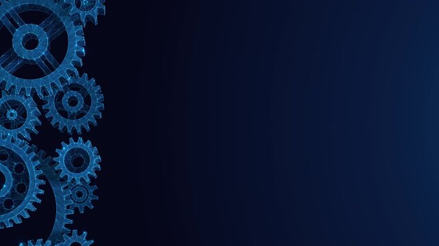 Rotating Mechanical Gears &ndash; Animated Background with Copy Space. Industrial technology, engineering, manufacturing and construction concept with blue low poly gears on the left. Animation loop.