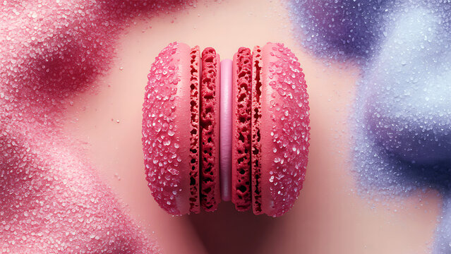 A close-up shot of pink macarons on a colorful sponge-like surface