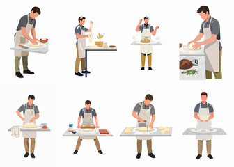Fototapeta premium Set of vector illustrations featuring a professional baker in an apron preparing sourdough bread, kneading, rolling, and cutting dough on a marble surface.