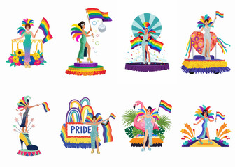 Set of illustrations depicting diverse drag queens on colorful pride parade floats celebrating LGBTQ+ identity with rainbow flags and extravagant costumes. © Enem