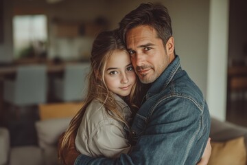 Fototapeta premium Australian Father and Daughter Hugging on Happy Father's Day in Living Room Photo. Fictional Character Created By Generative AI