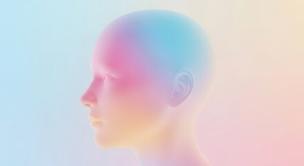 Obraz premium Soft pastel profile of a human face with iridescent glow. Concept of serenity and mindfulness. 3D rendered head looking sideways with smooth gradient colors and ethereal light