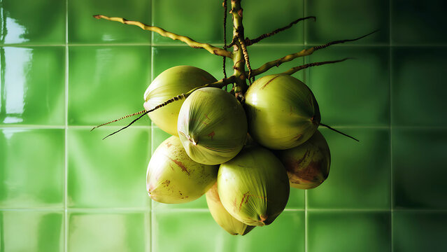 A bunch of coconuts hangs from a tree branch against green tiles.