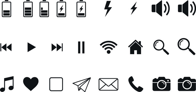 Universal Mobile Interface and Media Player Icon Set for Digital App and Website UI Design