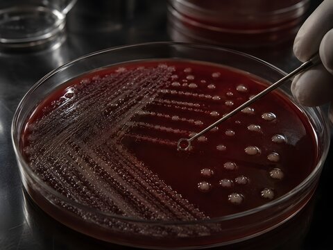 Close-up of a scientist using an inoculation loop to sample bacterial colonies growing on a Blood Agar petri dish. Ideal for medical research, infectious disease diagnosis, etc.