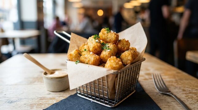 Golden tater tots served as a comfort food snack, appetizing menu concept for casual dining, fast food branding and crispy side dishes, polished finish, editorial clarity, modern commercial appeal,