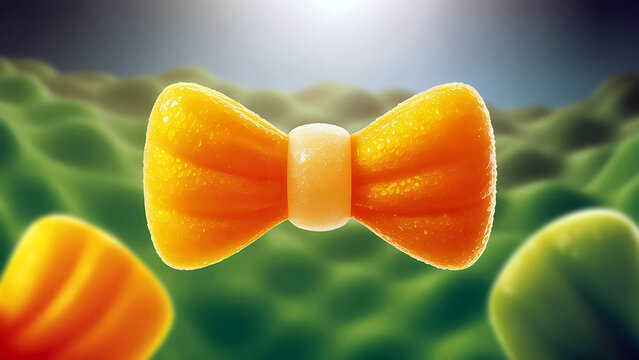 Vibrant orange candy bow tie floats above green wavy landscape with sun shining