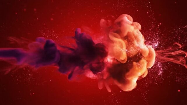 Abstract red ink or smoke colliding with each other in slow motion creating magical forms and effects