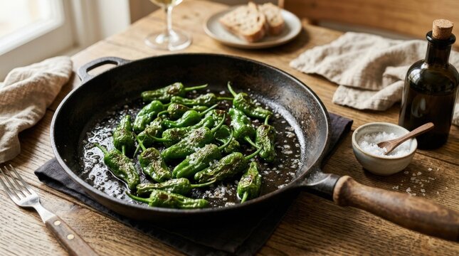 fried padron pepper, in a frying pan, with olive oil, and sea salt, ., homemade restaurant food concept with appetizing plating, authentic culinary texture, fresh ingredients, rustic table setting,