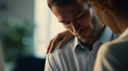 Obraz premium Empathetic leader supporting a stressed employee in a quiet office